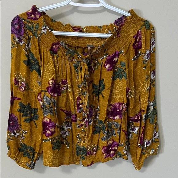 House of Harlow Floral Mustard Boho Peasant Blouse Grommet Tie Detail Size Small - Picture 1 of 8